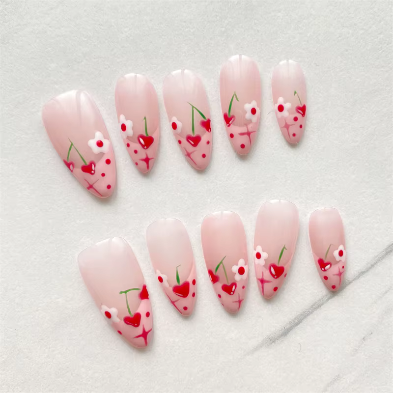 10 faux ongles press-on faits main roses avec cœurs 3D et motifs floraux