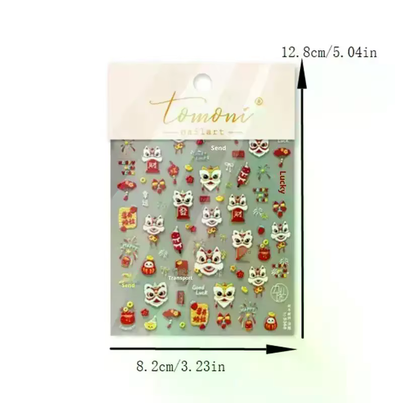Mignon nouvel an chinois cheval année Lion danse arc Nail Art impression autocollants chanceux poney manucure décalcomanies festif en relief décor d'ongle
