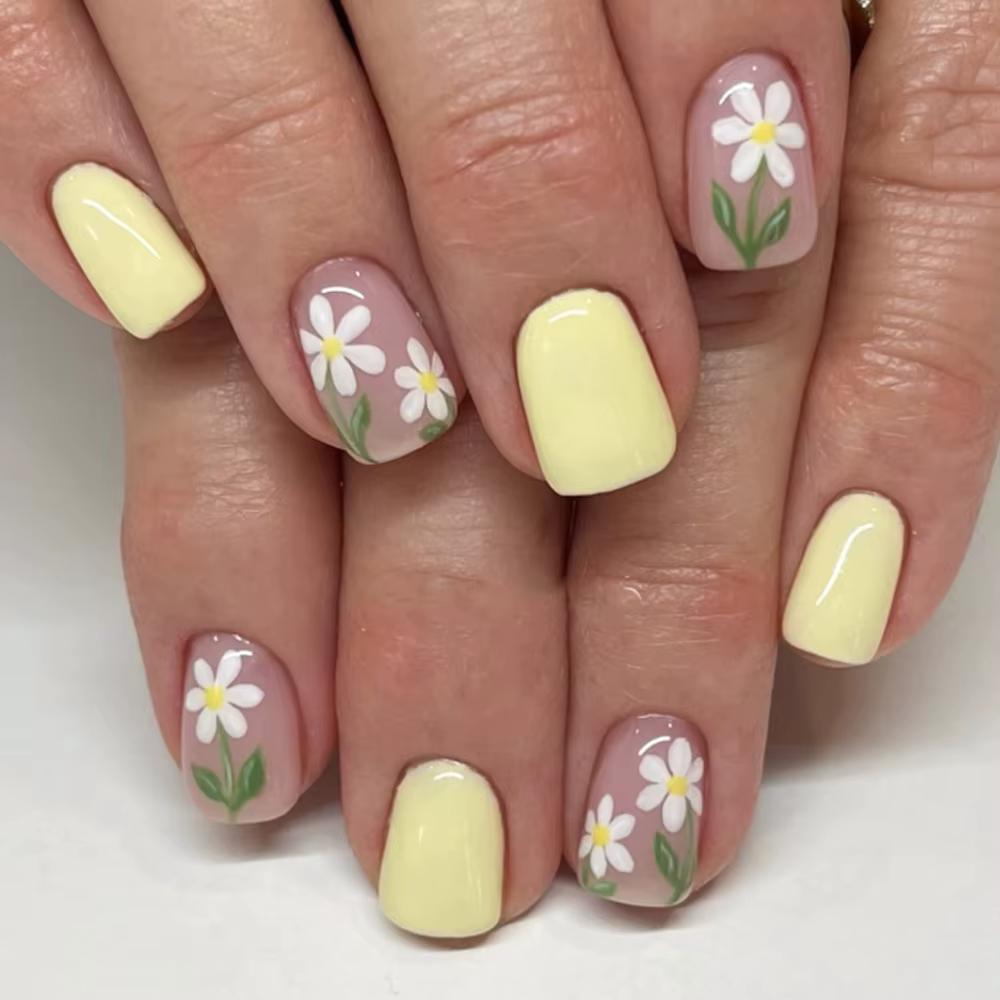 Marguerite fleurs jaune français Nail Art été mode court portable faux ongles détachable fini
