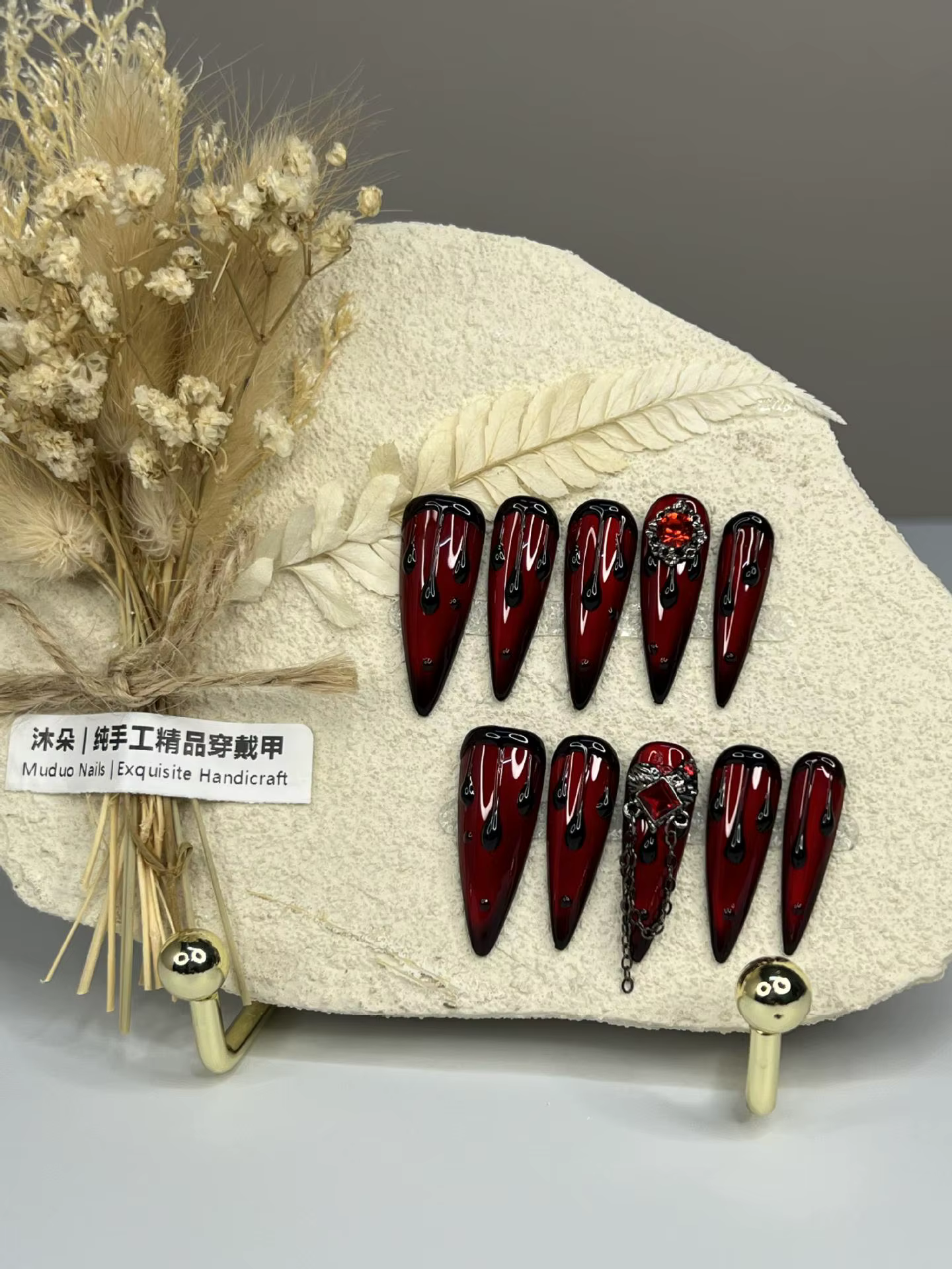 10 pièces de faux ongles faits à la main, thème Halloween, goutte de sang, style sombre, rubis, à presser – Ongles de haute qualité, parfaits comme cadeaux pour les filles