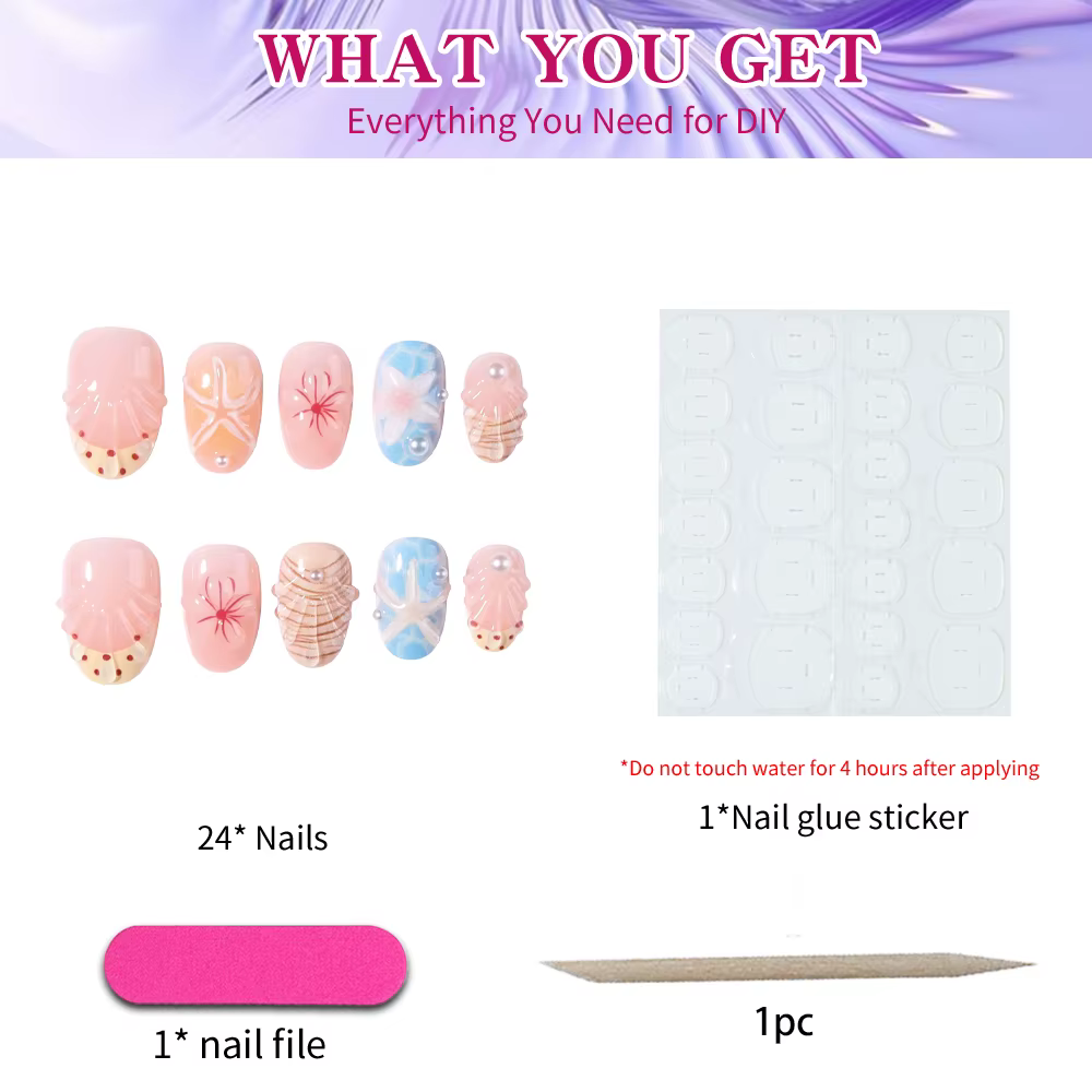 24 pièces par ensemble. Ongles courts ovales en gel 3D à motif floral étoilé et à pois