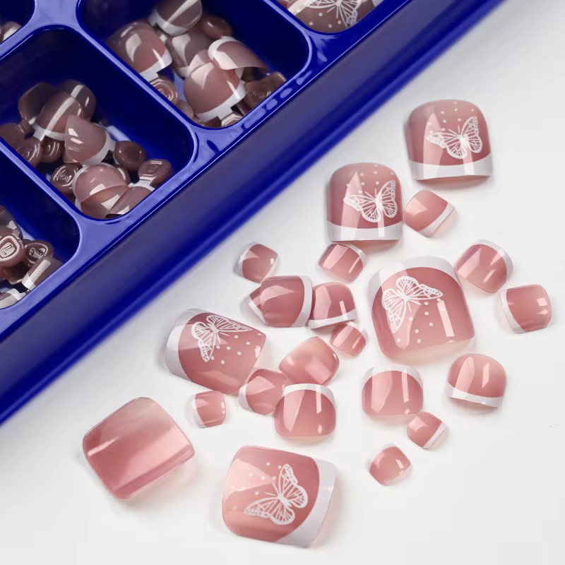 120 faux ongles de pieds carrés courts brillants style français papillon