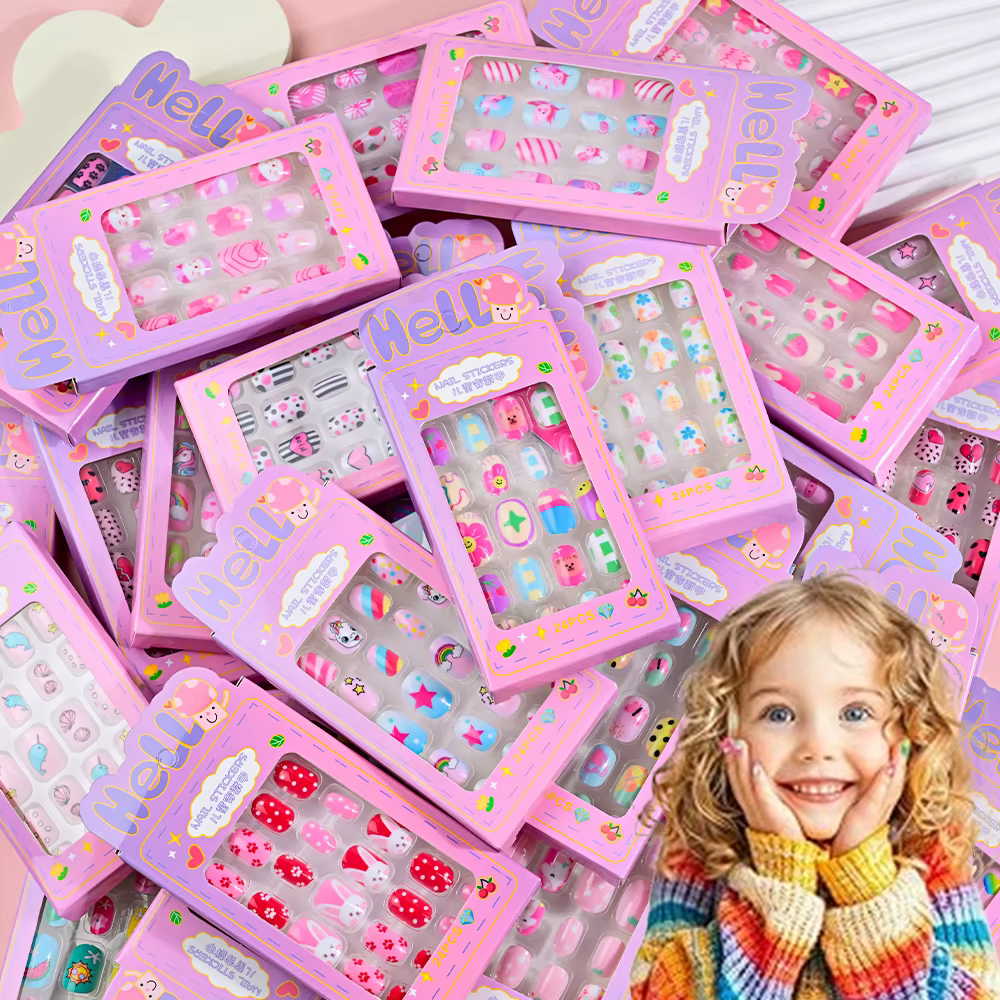 24 pièces/boîte enfants ongles pour fille dessin animé motif faux