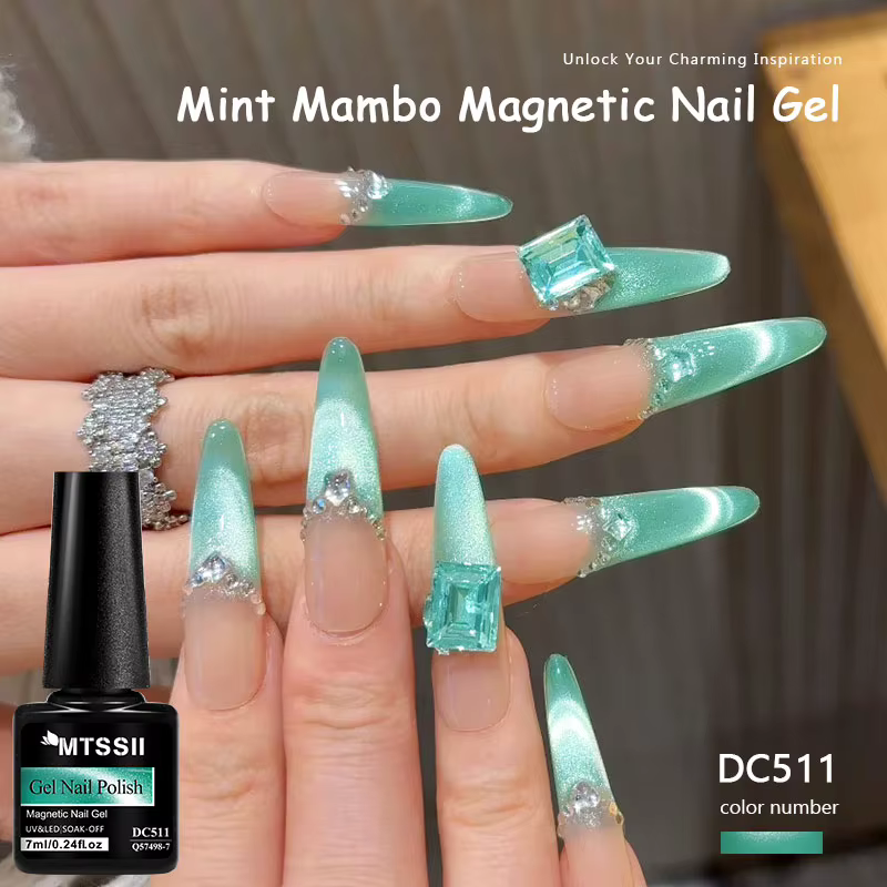 Vernis à ongles magnétique semi-permanent Mint Mambo Cat effet gelée avec perles de verre