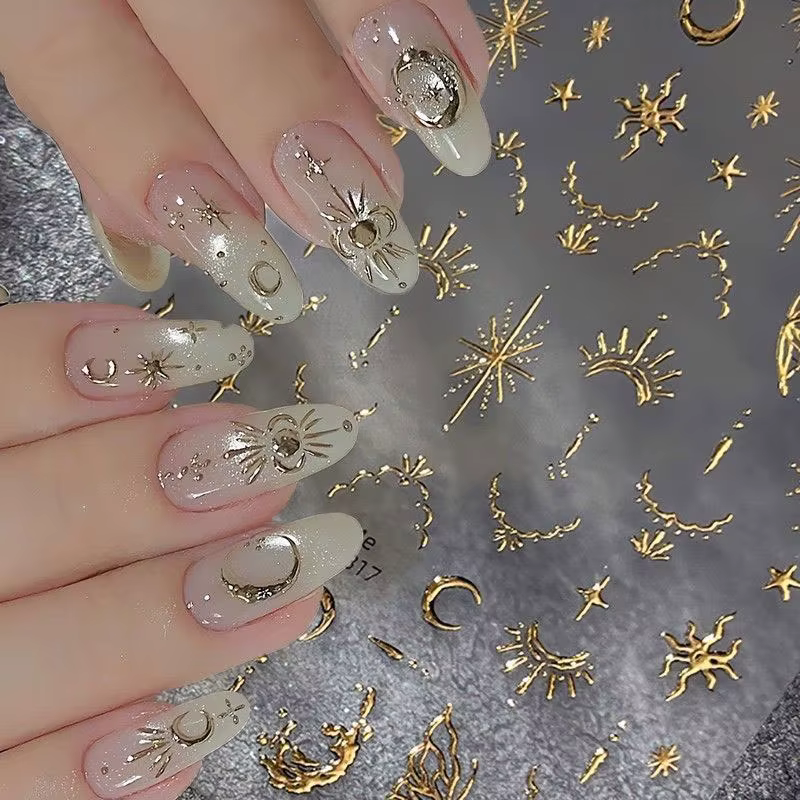 3D bronzant or lune étoile Nail Art autocollants rétro bohême soleil