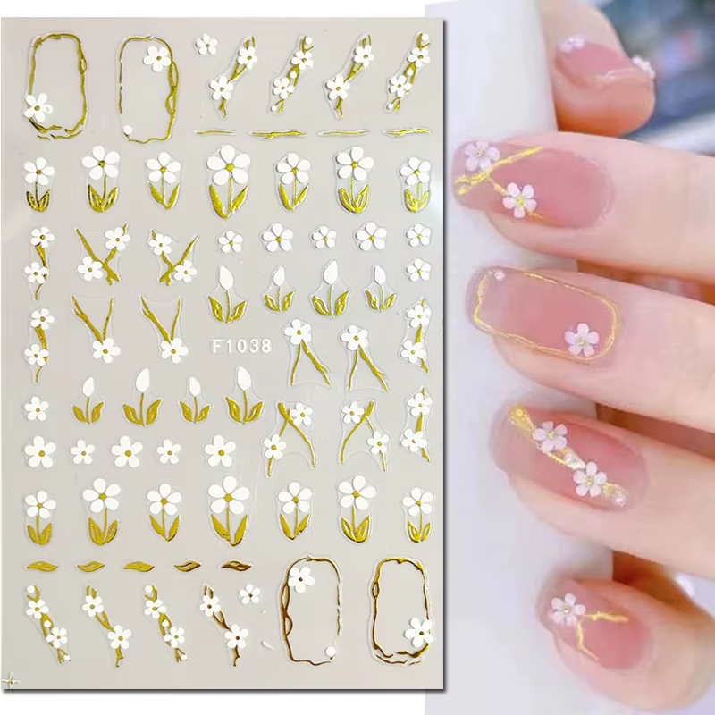3d Nail Art lignes dorées feuilles d'or fleurs blanches adhésif curseurs ongles autocollants accessoires pour décorations conseils beauté