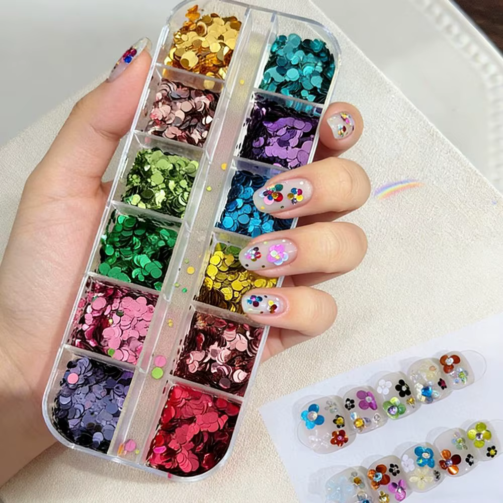 12 grilles de paillettes 3D colorées mini rondes pour ongles