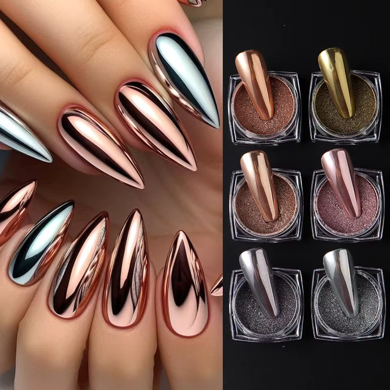 Poudre à ongles chromée or argent Rose