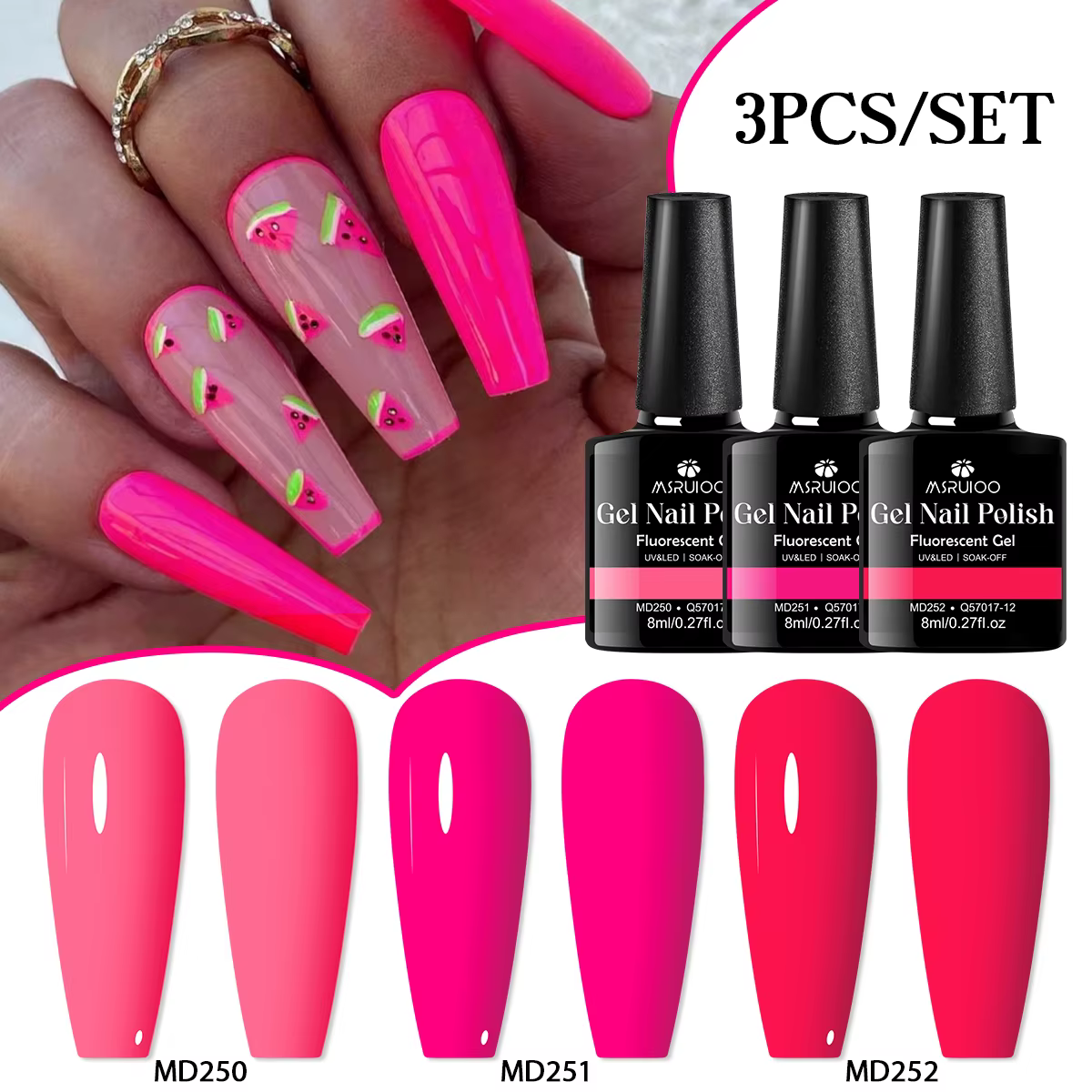 MSRUIOO 3 pièces/ensemble ensemble de vernis à ongles Gel Fluorescent néon brillant rose rouge Greern Orange tremper Gel UV ensemble de vernis à ongles