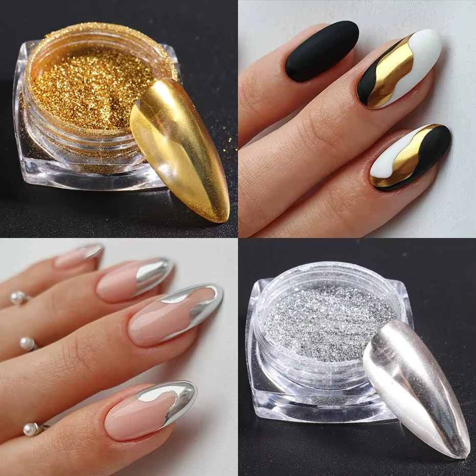 Ensemble de poudres à ongles chromées métalliques