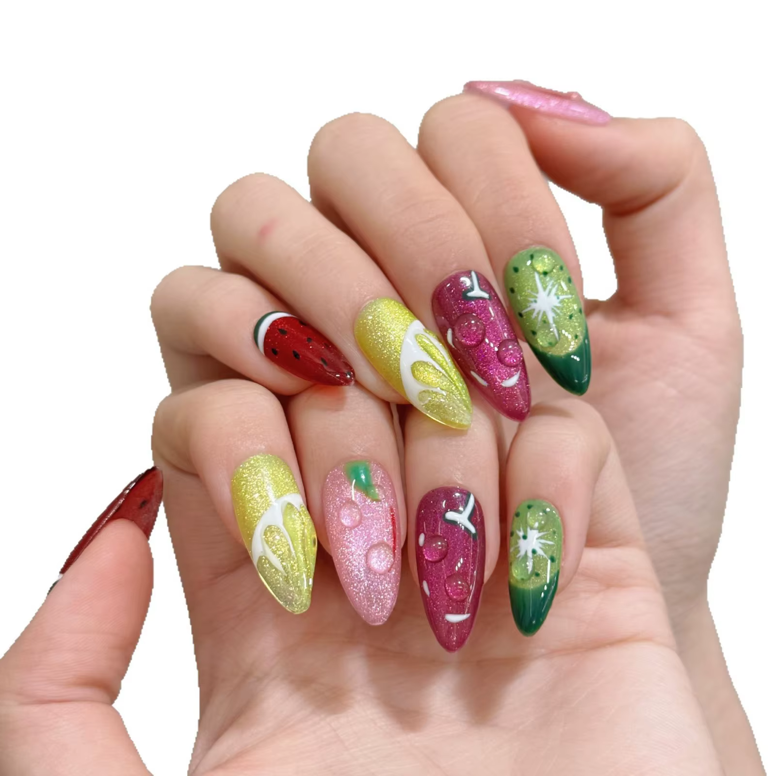10 pièces à la main fruits presse sur ongles été pastèque et citron faux