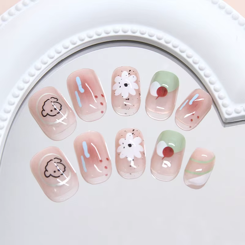 24 pièces Blush faux ongles avec colle fleur chiot été presse