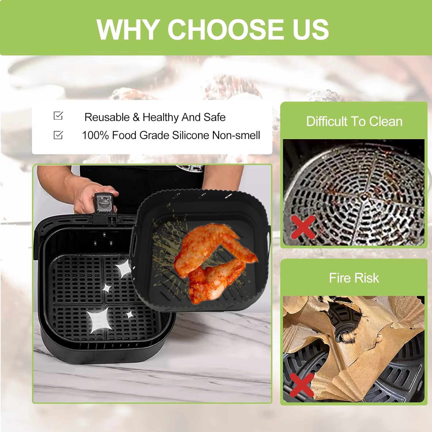 Ensemble d'accessoires pour friteuse à air, moules en silicone carrés de 22 cm pour friteuses à air Phi XL 6.2L, COSORI 5.5L, 4.7L, Cecotec 5.5L, 6L
