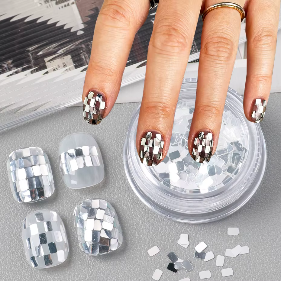 1 bouteille de paillettes holographiques carrées argentées pour nail art