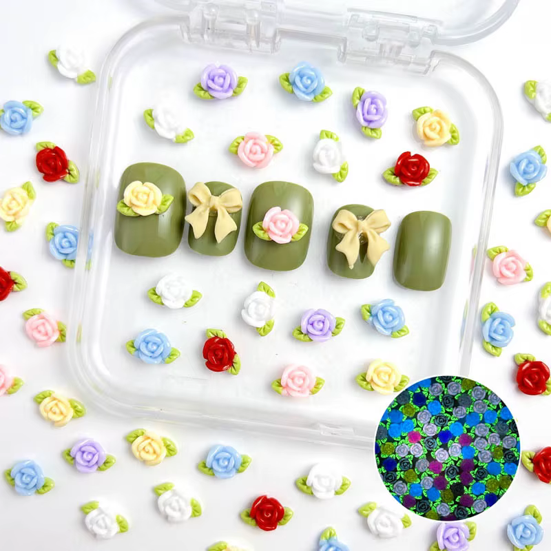 Feuille fleurs ongles breloques 3D résine lumineuse Rose décorations d'ongles 10*7mm Multi couleurs