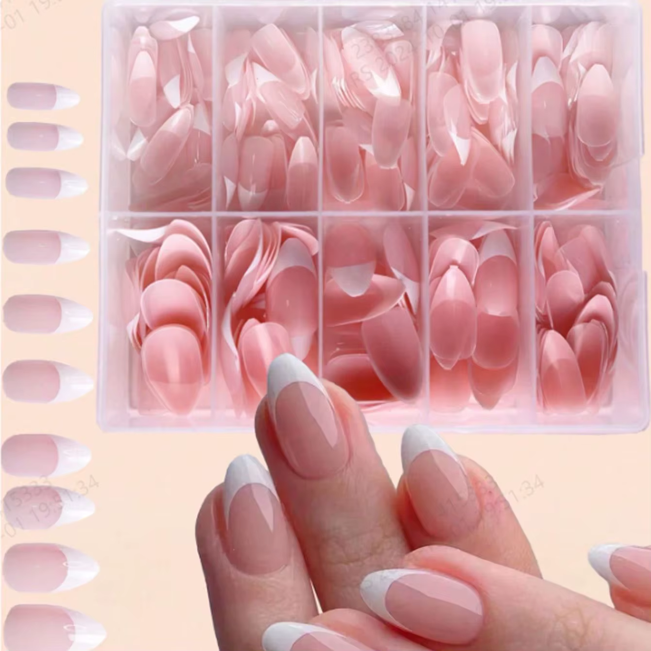 Faux ongles français blanc amande pour femmes et filles