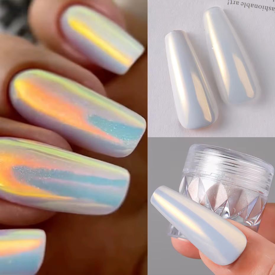 Poudre à ongles en forme de perle chromée blanche