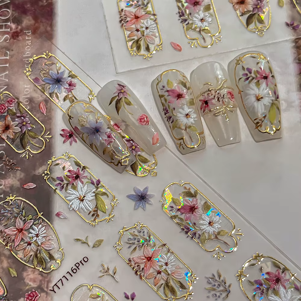Autocollants pour ongles floraux bohèmes rétro en relief 5D à bordure dorée pour un nail art époustouflant