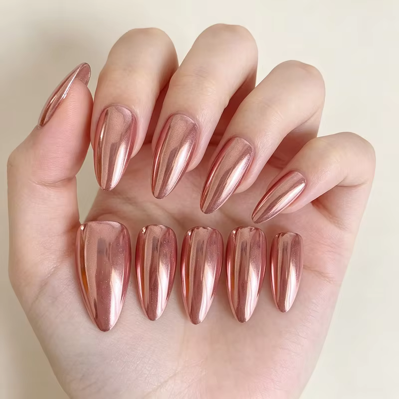 10 faux ongles press-on faits main en chrome or rose