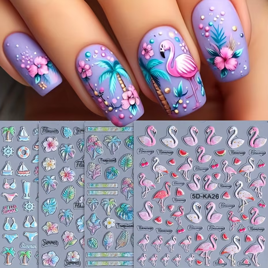Autocollants pour ongles en relief avec des motifs floraux et d'animaux de plage d'été