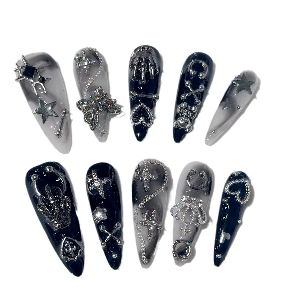 Menhera Spice Girls Presse Artisanale Sur Les Ongles Y2K Noir Blanc Rendu Longue Pointe Nail Art Papillon Star Couronne Cool Fau