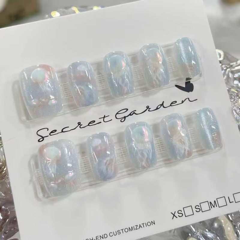 10 pièces femmes filles rêveur queue de poisson méduse nouveau fait à la main oeil de chat presse sur ongles détachable