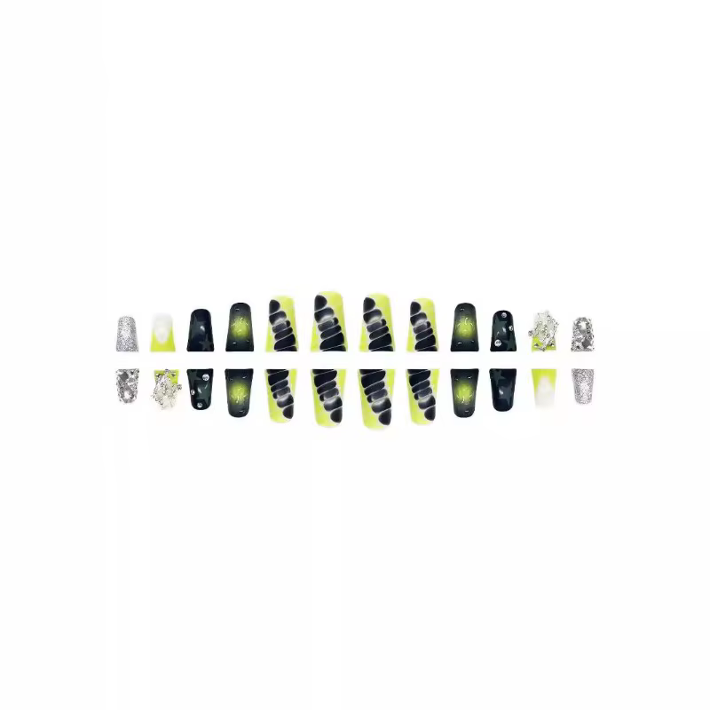 24 faux ongles moyens à presser en forme de bec de canard avec motifs