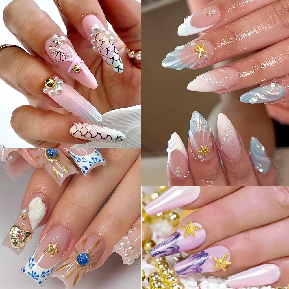 12 grilles océan or Nail Art breloques coquille/hippocampe/étoile de mer blanc demi-rond perle gemmes 3D mixte Punk manucure métal Rivets goujons