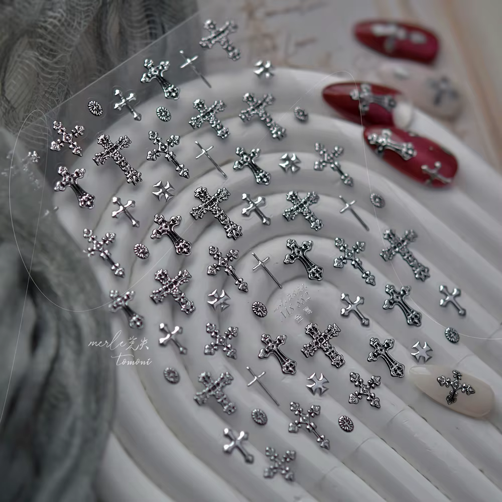 Autocollant d'ongle de croix d'argent rétro pour manucure breloques à assembler soi-même