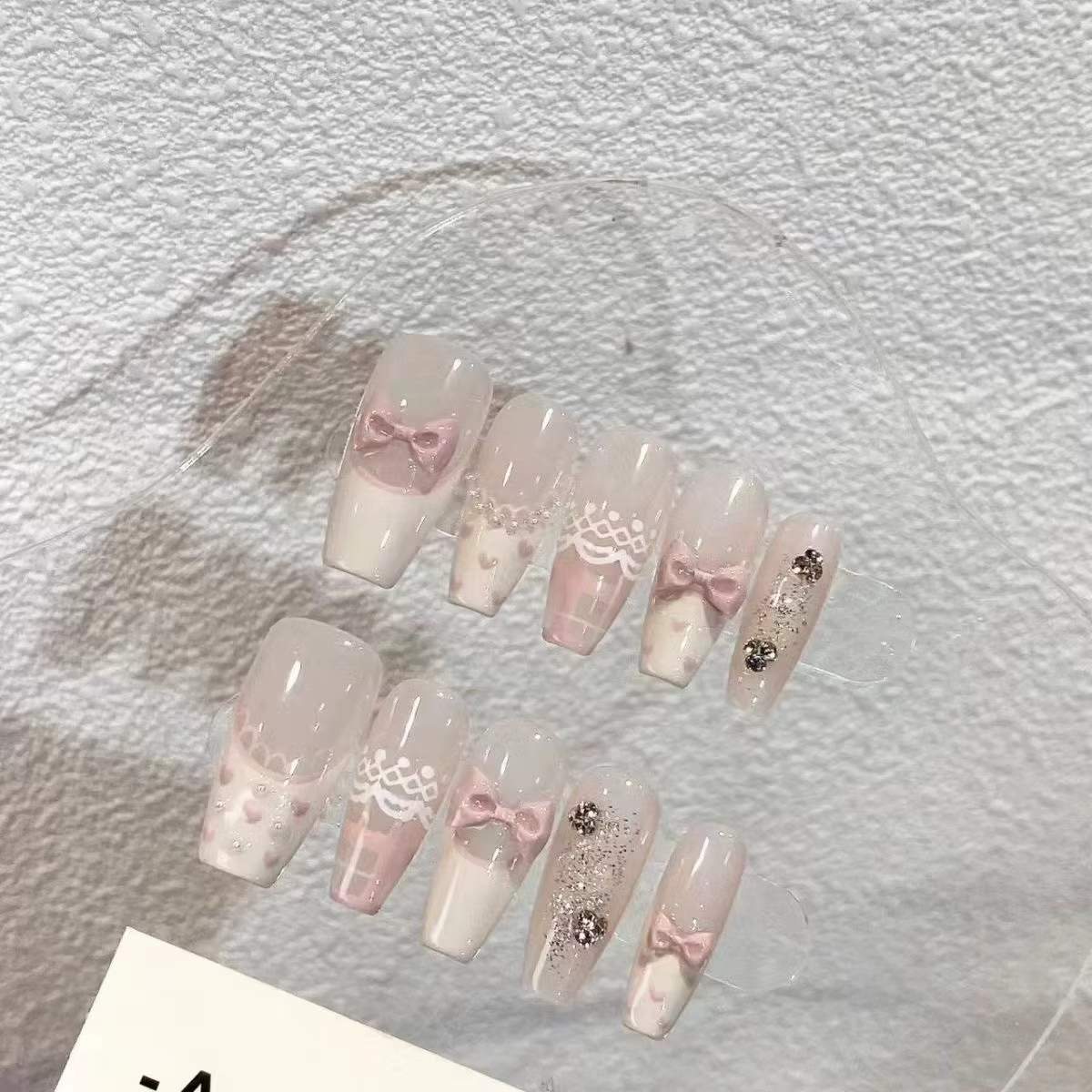 10 pièces brillant doux rose français à la main presse sur les ongles avec nœud papillon 3D mignon moyen cercueil faux