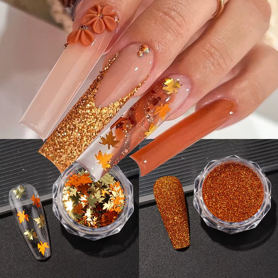 Paillettes feuilles d'érable dorées pour ongles