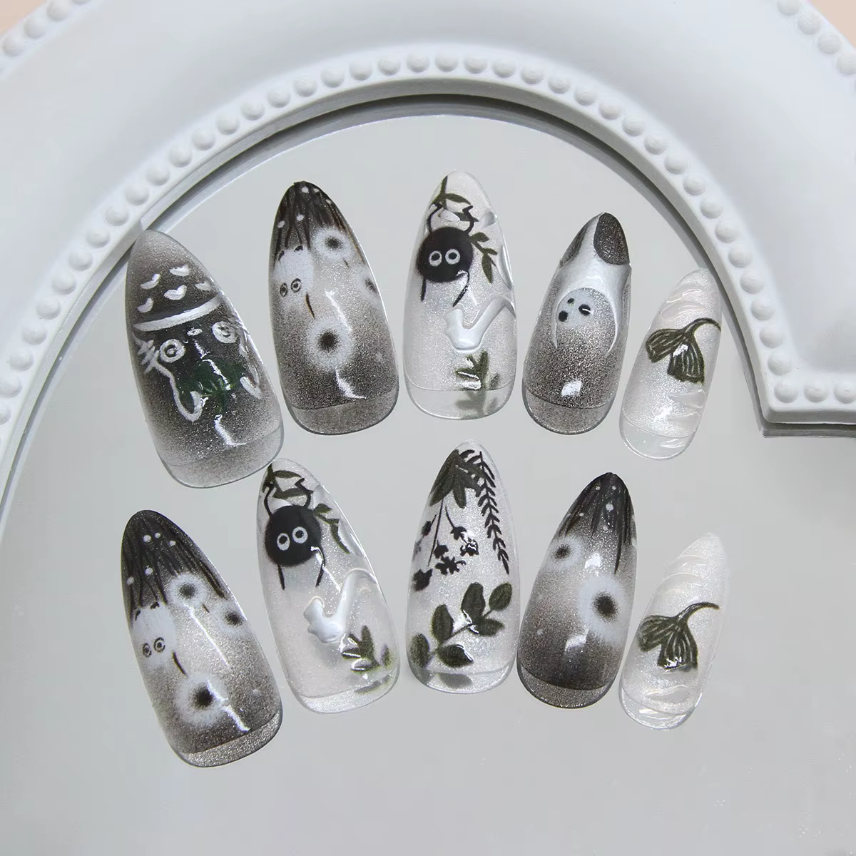 24 pièces dégradé noir faux ongles mignon dessin animé oeil de chat forêt elfe fille presse