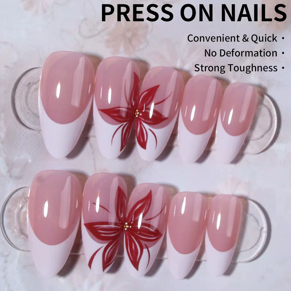 Transformez vos ongles avec, 24 pièces de fleurs blanches, ongles à pression en amande française, adaptés parfaitement et au design de longueur moyenne, faux na en acrylique