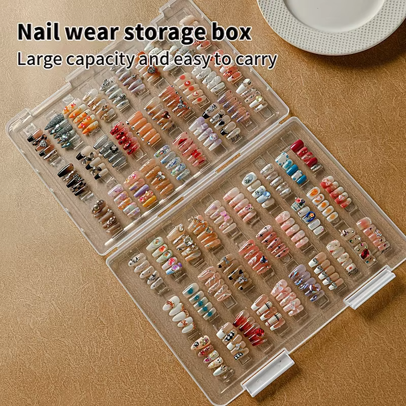 Boîte de rangement grande capacité pour faux ongles, anti-poussière, transparente, pratique, avec carte de couleurs et présentoir pour plaques d'ongles