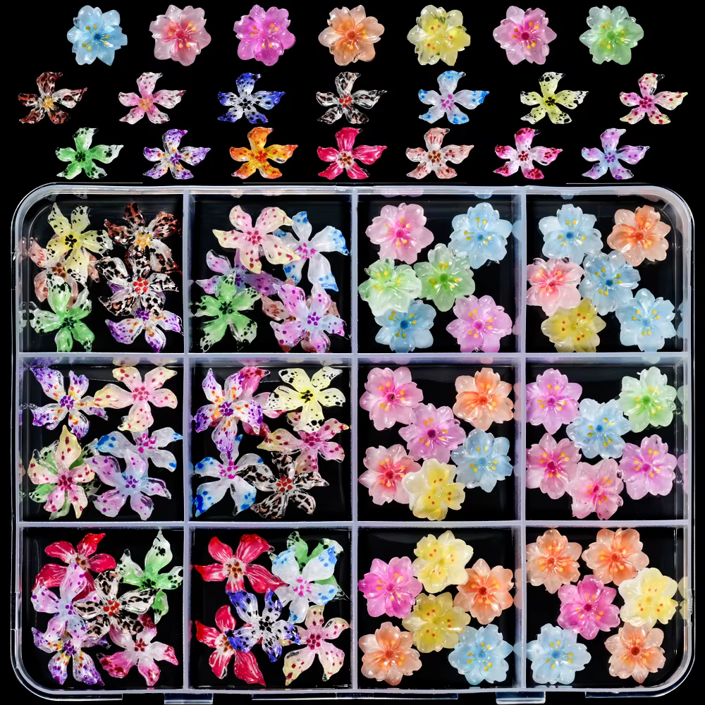 72 pièces/boîte Hawaii Hibiscus Lily Floral Nail Art breloques 3D gelée colorée cristal doux fleur décoration des