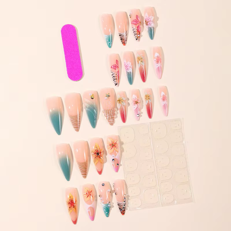 24CS Faux Ongles Français Imprimé Léopard Dégradé Coloré Amande à Presser Fleurs 3D avec Perles pour Femme – Collection Été