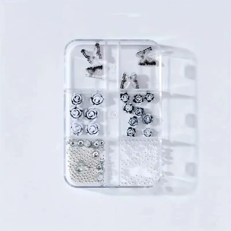 6 grilles noir Rose 3D Nail Art décoration des ongles blanc