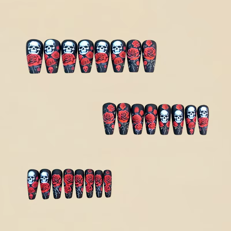 24 Halloween Nail Art Ongles de ballet mi-longs Press Ons avec design Rose rouge Skullpcs Faux