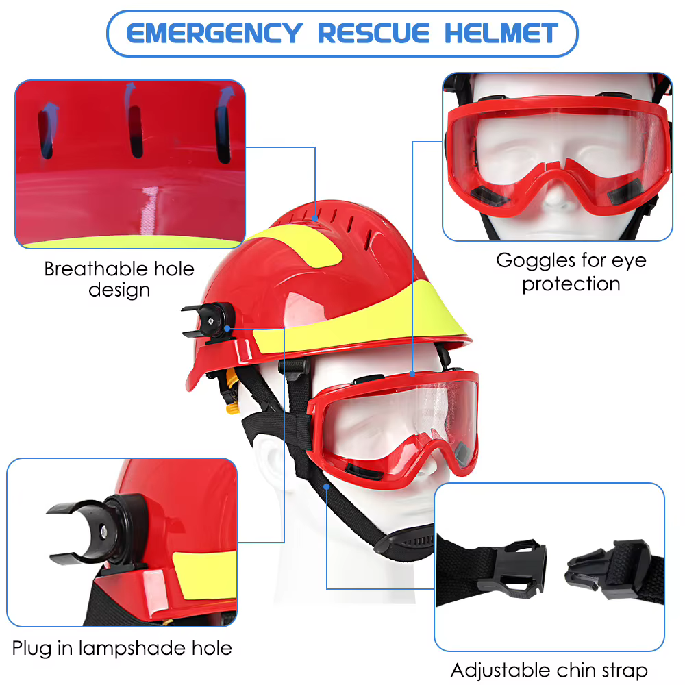 Casque de pompier, casques de sécurité pour les interventions d'urgence, casque de protection ABS pour pompiers avec support pour lampe torche et ensemble de lunettes de protection