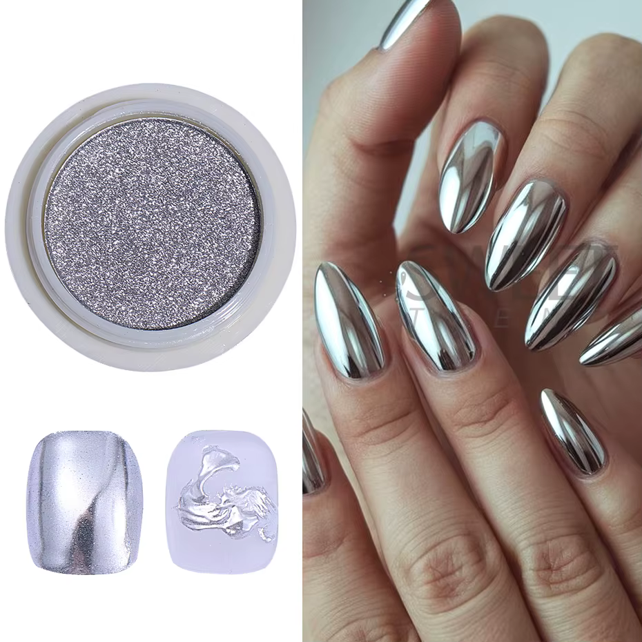 Poudre à ongles chromée argentée
