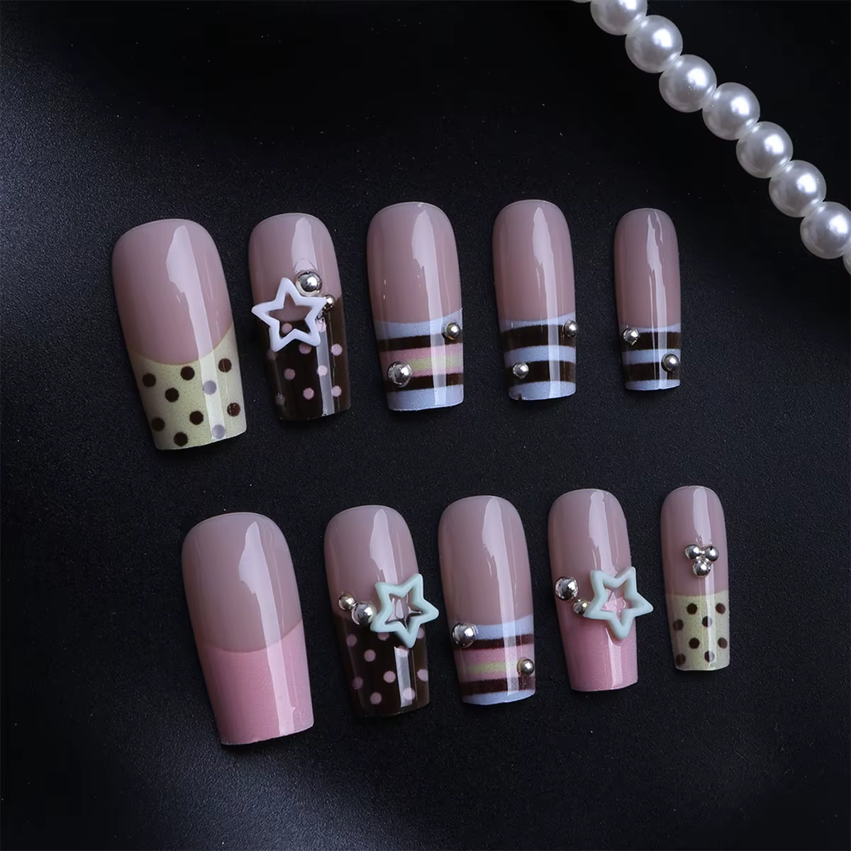 24 pièces Y2K étoiles douces presse sur ongles bleu marron rayures Style français faux