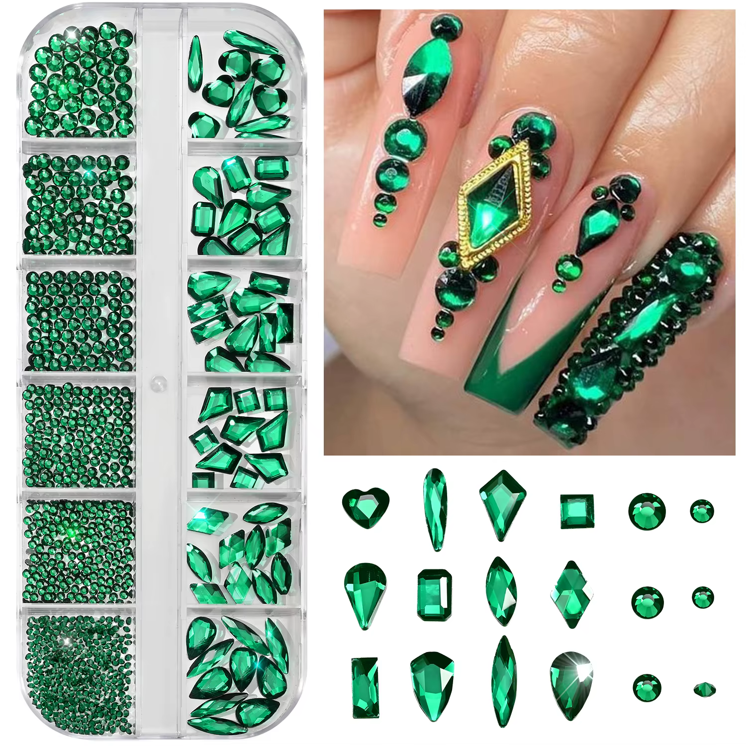 12 grilles de strass 3D vert émeraude pour nail art