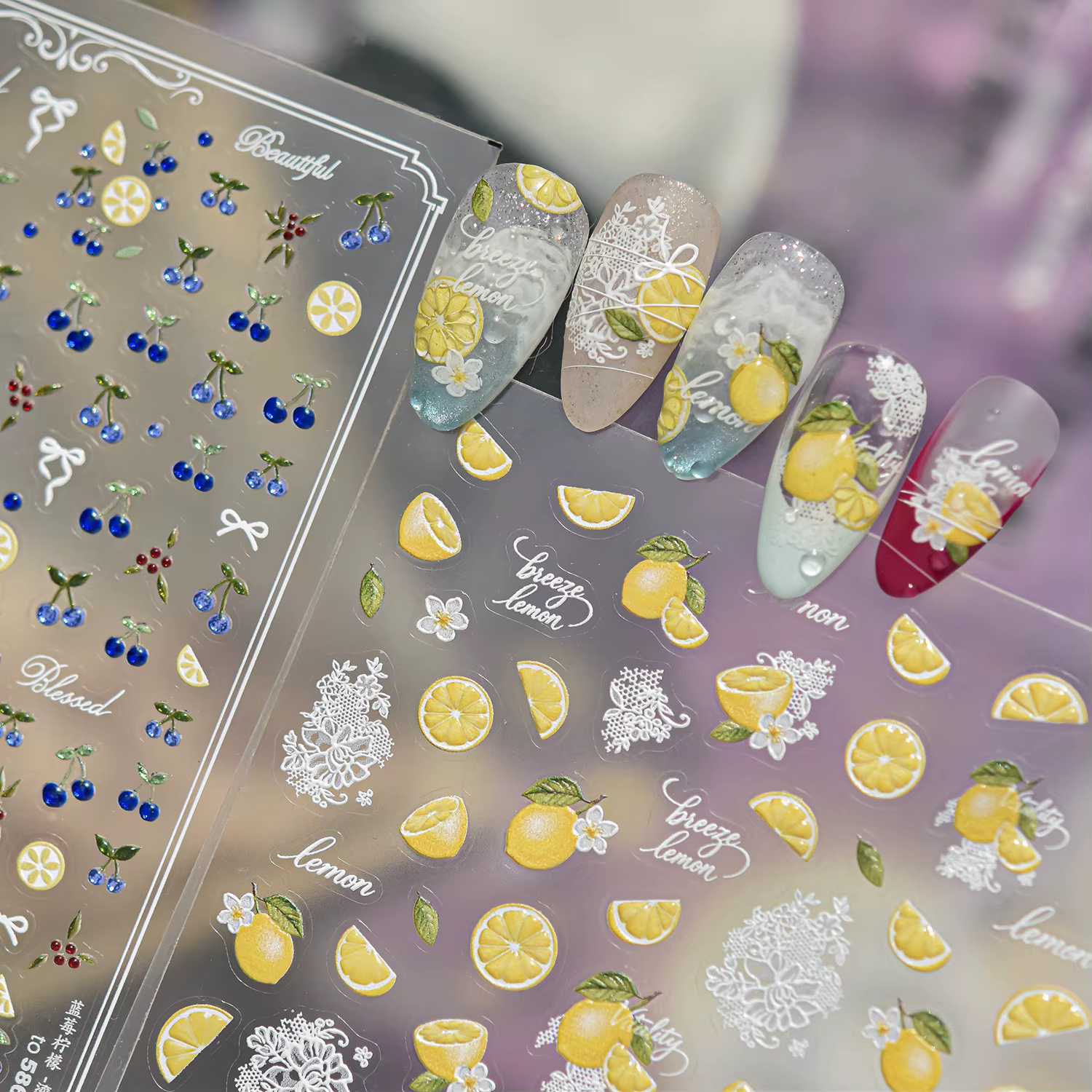 Autocollants pour ongles en forme de tranches de citron jaunes