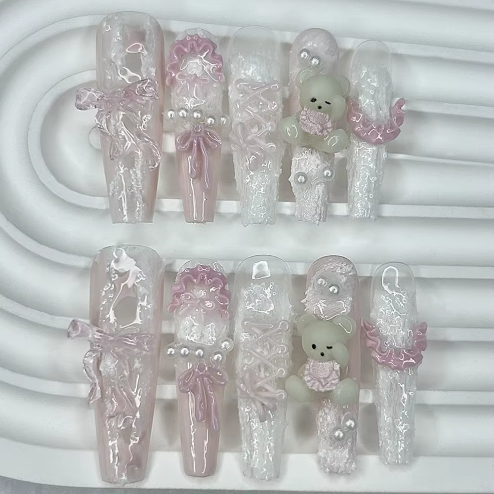 10 pièces mignon rose bleu Lolita français dentelle à la main presse sur les ongles 3D ours en peluche arc perle faux