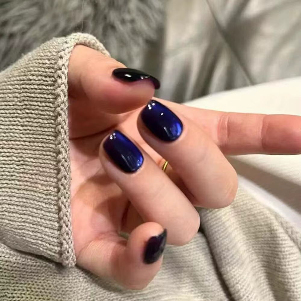 30 pièces oeil de chat bleu portable presse sur ongles court carré couverture complète faux