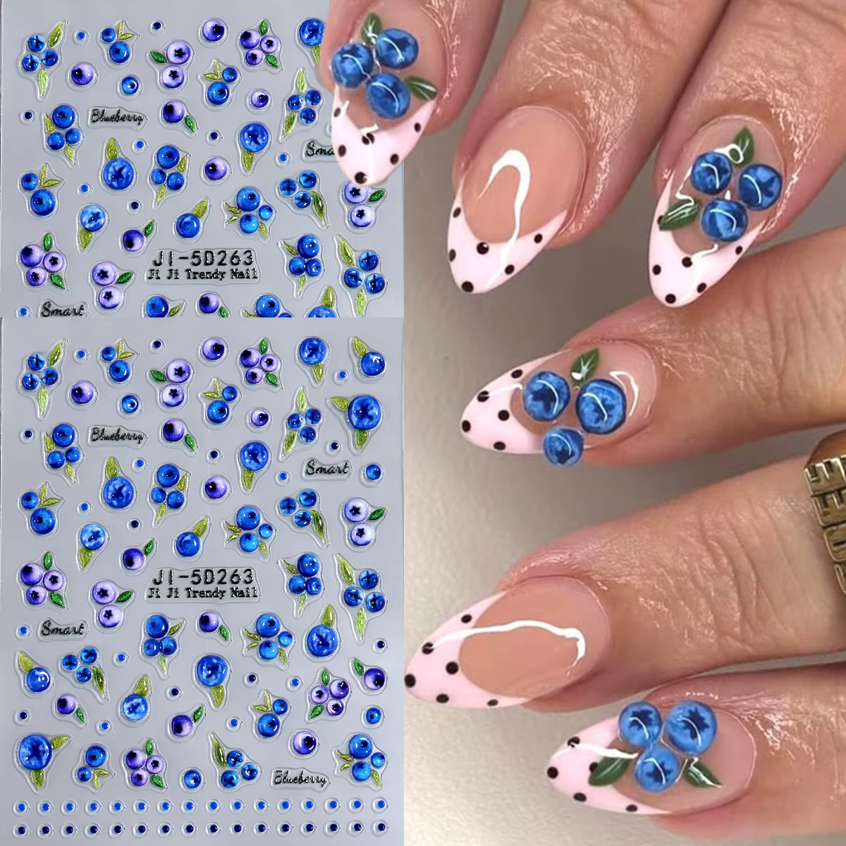 Autocollants pour ongles mignons motif myrtille dessin animé
