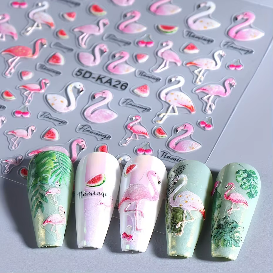 Autocollants pour ongles en relief avec des motifs floraux et d'animaux de plage d'été
