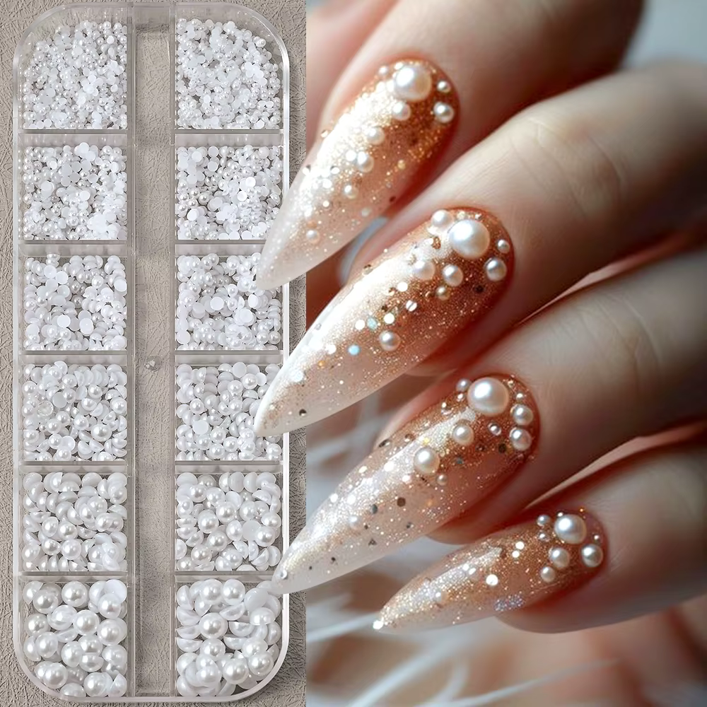 12 compartiments de perles blanches 3D pour ongles