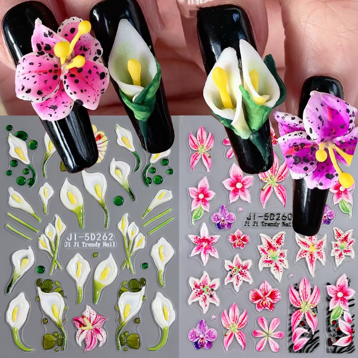 Autocollants pour ongles 5D printemps-été à motifs floraux roses et léopard