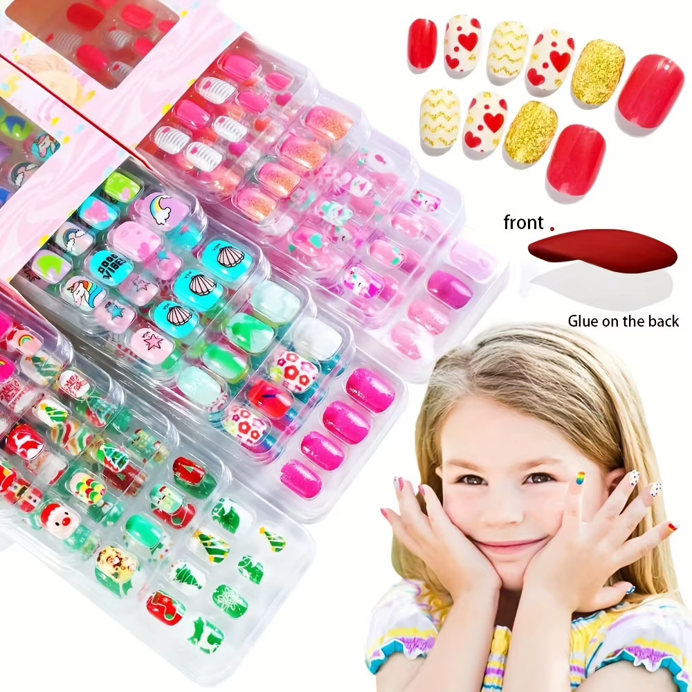 24 pièces/boîte enfants dessin animé ongles conseils coloré mignon fille faux